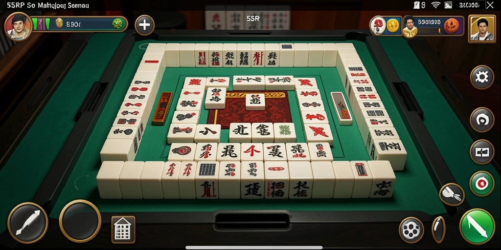 Screenshot gameplay utama dari 55RP menampilkan tiles Mahjong yang berwarna-warni.