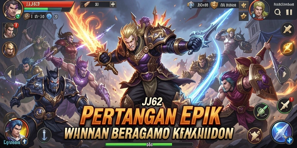 Screenshot utama JJ62 menampilkan aksi pertarungan yang mendebarkan dan karakter ikonik.