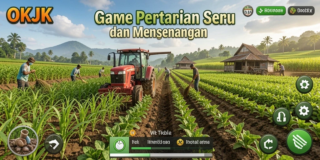 Tangkapan layar gameplay OKJK yang menunjukkan ladang yang subur dan hewan ternak.