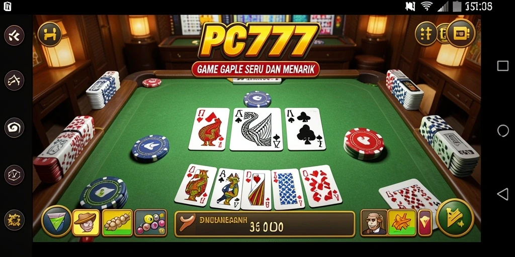 Screenshot utama PC777 menunjukkan gameplay Gaple yang seru dan interaktif.