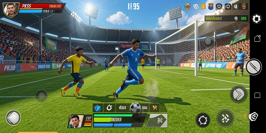 Screenshot utama PK95 menampilkan pemain yang sedang beraksi dalam pertandingan olahraga.